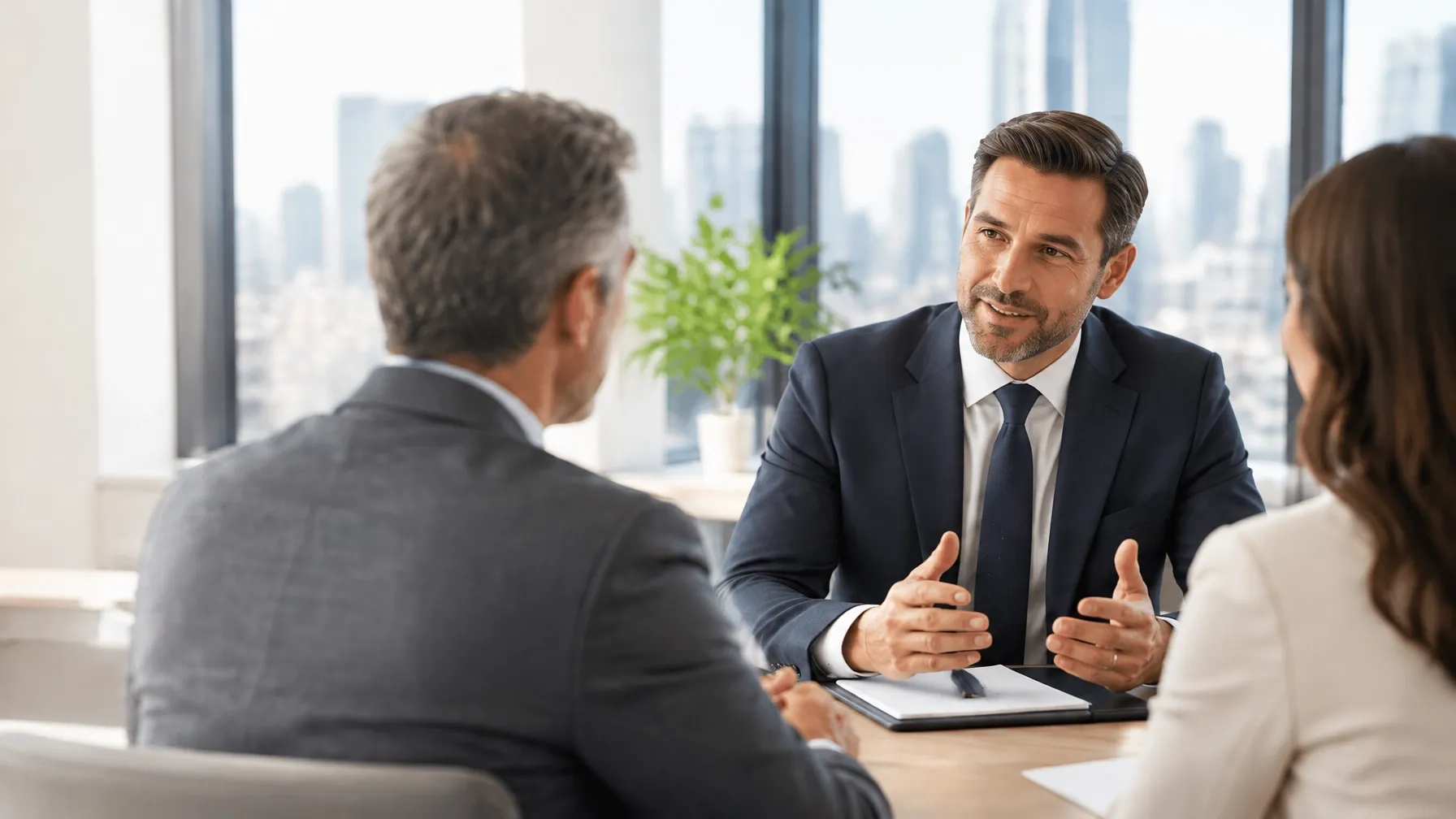 An advisor listening to clients during a conversation in a bright office